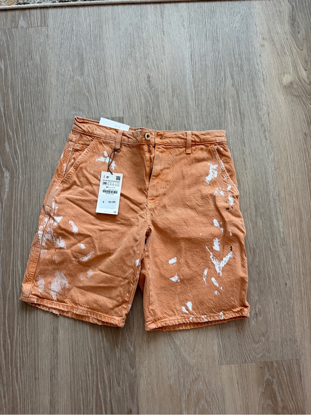 Zara Orange Cotton Shorts with White Paint-Splash Detail